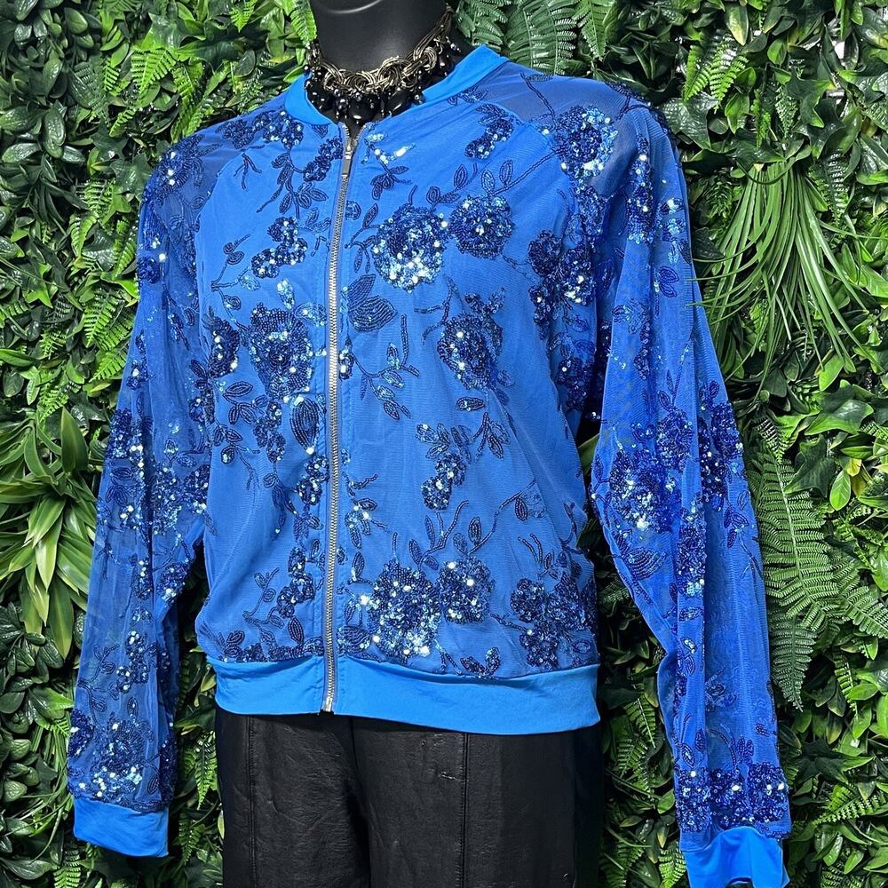 ASHLEY STEWART Jacket Women 22/24 Blue All Over Sequin Sheer Lined‎ Bomber 2586